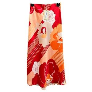 Ramy Brook Rosetta Floral Abstract Pull On Midi Skirt Red Orange White S NWT